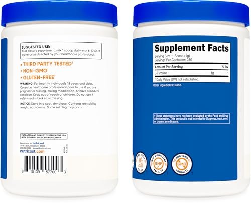 Nutricost L-Tyrosin Pulver 250 g – Reines L-Tyrosin Pulver, 1000 mg pro Portion