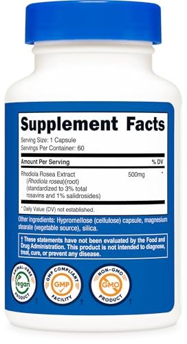 Nutricost Rhodiola Rosea 500mg – 60 vegane Kapseln, glutenfrei & nicht-GMO, pflanzliches Nahrungsergänzungsmittel