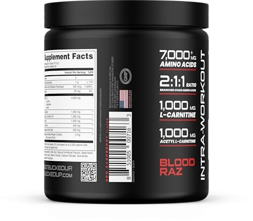 Bucked Up Racked Blood Raz | Intra Workout BCAA 2-1-1 Formel mit L-Carnitin, Acetyl-L-Carnitin, Taurin und L-Tyrosin | Aminosäurepulver (30 Portionen)
