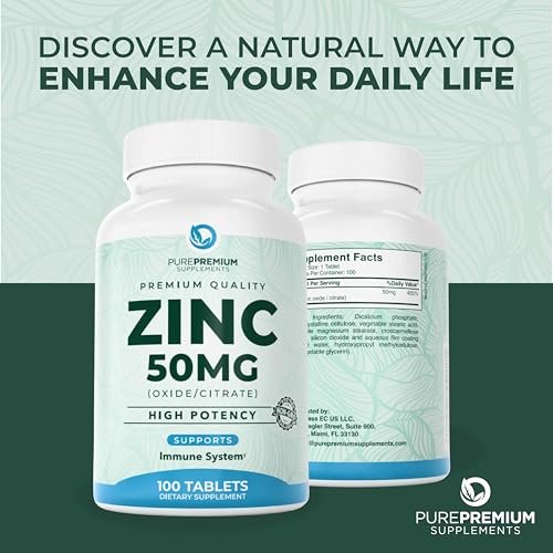 PurePremium Natürliches Zink 50mg – Hochdosiertes Zinkcitrat/Oxid für Erwachsene, Immunsystem & Antioxidans, 100 Tabletten