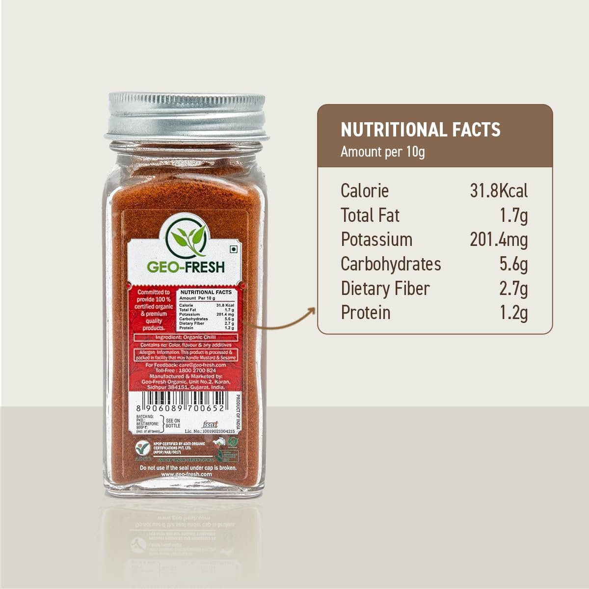 Geo-Fresh Bio Cayennepulver, 1,76 oz (50 g) – Scharfes & Aromatisches Bio Cayenne-Chilipulver – Reines gemahlenes rotes Pfefferpulver – USDA Bio-zertifiziert – Nicht-GVO – Koscher – Glutenfrei – Produkt aus Indien