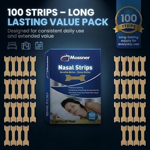 MASSNER Nasenpflaster für bessere Atmung, Große Atemstreifen für Schlafen, Schnarchen Unterstützung, Verstopfte Nase und Stauung Linderung - Bessere nächtliche Luftzirkulation, 100 Nasenpflaster