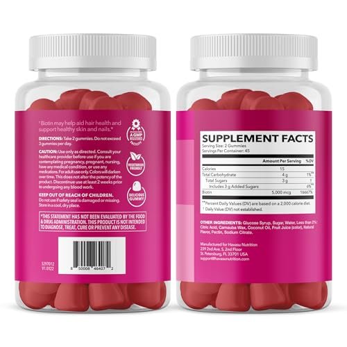 5000mcg Biotin Gummibärchen für Haare, Haut und Nägel - Veganes Nahrungsergänzungsmittel für Frauen und Männer - GLP-1 Ernährungsunterstützung für üppiges Haar und strahlende Haut - Vitamin B7 - Erdbeergeschmack, 90 Stück