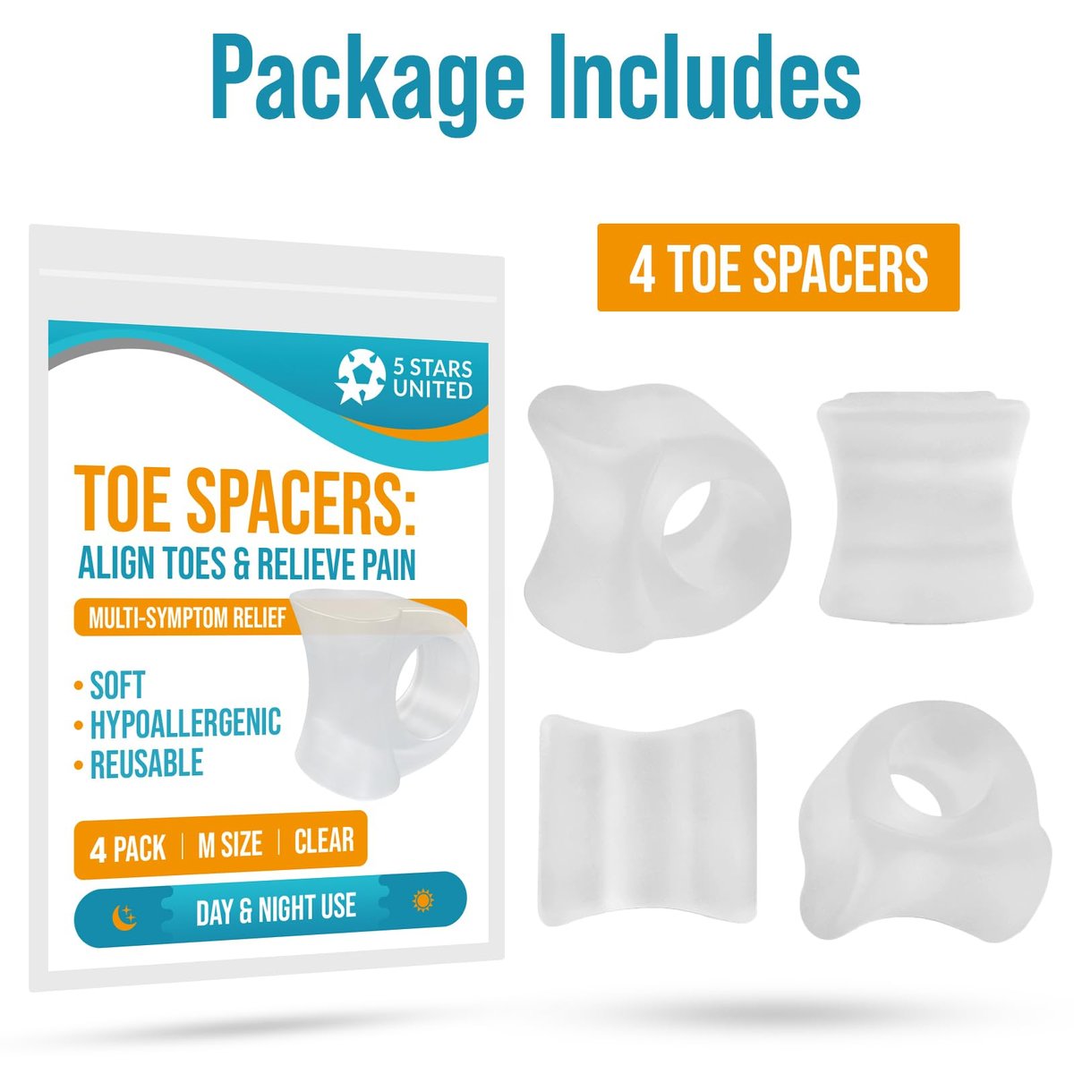 5 STARS UNITED Große Zehenspreizer für Männer & Frauen – 4 Gel-Separatoren für überlappende & gekrümmte Zehen, Ballenzehen, Ausrichtung – Diabetische Fußpflege, Silikon-Spreizer, Korrektor & Begradiger, Transparent