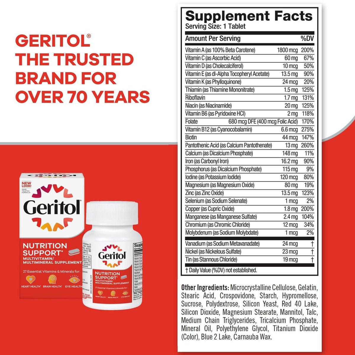 Geritol Multivitamin-Präparat mit B-Vitaminen, Antioxidantien, Vitamin C, E & D und Eisen, 27 essentielle Vitamine und Mineralstoffe, glutenfrei, nicht gentechnisch verändert, ohne künstliche Süßstoffe, 40 Tabletten, 2er-Pack