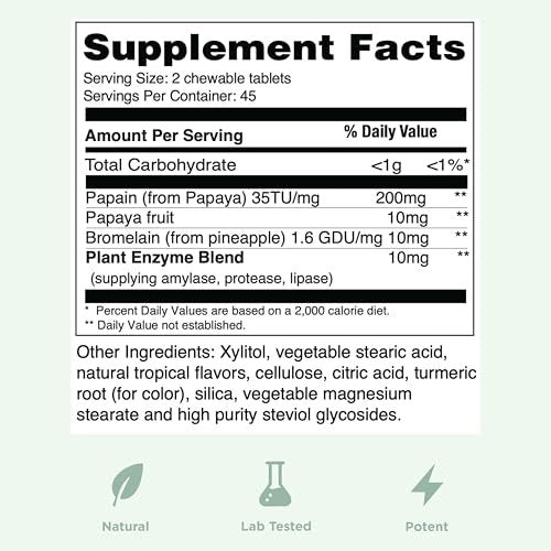 Yuve Naturals Kautabletten Papaya-Enzyme – Zuckerfreier, pflanzlicher Verdauungsenzym-Komplex gegen Blähungen und Völlegefühl – Vegan, Non-GMO, Glutenfrei – 90 Stück