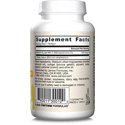 Jarrow Formulas MK-7 180 mcg - Bioaktive Form von Vitamin K2 für Knochen & Herz-Kreislauf-Gesundheit - 30 Portionen (Weichkapseln) - Glutenfrei