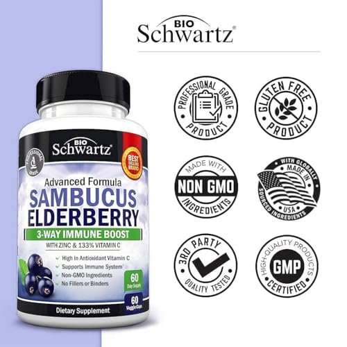 BioSchwartz Holunderbeeren Kapseln mit Zink und Vitamin C für Erwachsene - Immununterstützung für Frauen und Männer - Schwarzer Sambucus Holunderbeeren Vitamin C und Zink - Immunabwehr Multimineral Ergänzung, 60 Kapseln