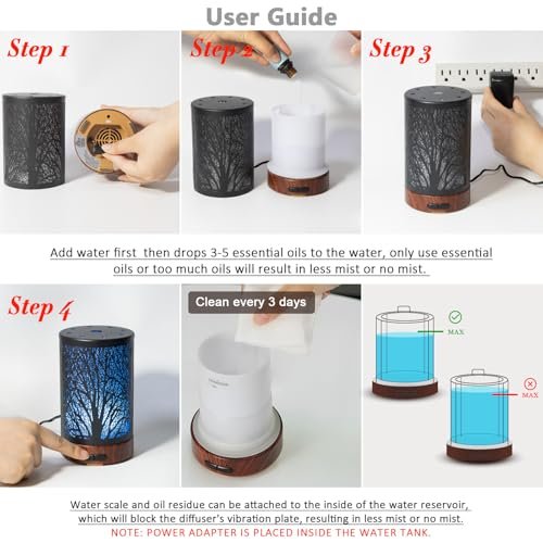 EQUSUPRO Aromatherapie Diffuser 150ml Schwarz Metalldiffuser Ultraschall Kaltnebel Diffuser mit automatischer Abschaltung, 7 Farben LED für Zuhause Büro SPA Yoga (A-Baum)