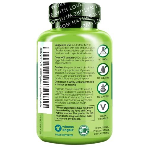 NATURELO Augen Vitamine - AREDS 2 Formel mit Lutein, Zeaxanthin, Vitamin C, E, Zink plus DHA - Nahrungsergänzung für trockene Augen, gesundes Sehen, Augenunterstützung - 60 vegane Kapseln