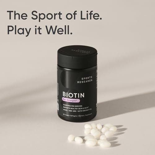 Sports Research® Biotin 10.000 mcg mit Bio-Kokosöl – Vitamin B7 für gesunde Haut und Haare* – Vegan, Non-GMO, gluten- & sojafrei – 30 vegane Weichkapseln