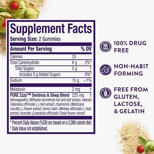 ZzzQuil PURE Zzzs De-Stress Melatonin Einschlafhilfe Gummibärchen – Beruhigt Geist und Körper, Ashwagandha für Stressunterstützung, Schlafmittel für Erwachsene, 1 mg pro Gummibärchen, 42 Stück