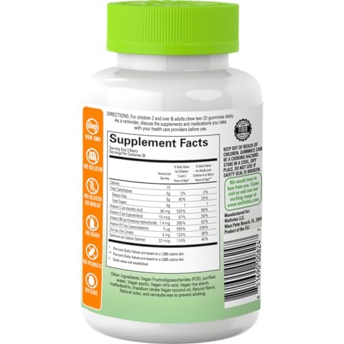 Wellvites Zuckerfreie Immun-Gummis für Kinder – Vegan, Non-GMO – Vitamin-C-Gummis zur Unterstützung des Immunsystems, ohne künstliche Süßstoffe, glutenfrei, gelatinefrei, 60 Stück (30-Tage-Vorrat)