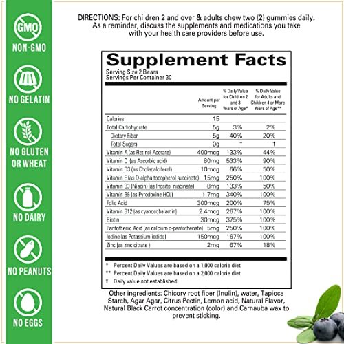 Wellvites Kinder Multivitamin Gummibärchen - Zuckerfrei, Vegan, Ohne Gentechnik, Vitamin A, D, B6, B12 und C - Keine künstlichen Süßstoffe, Glutenfrei, Gelatinefrei - 60 Stück (30-Tage-Vorrat)