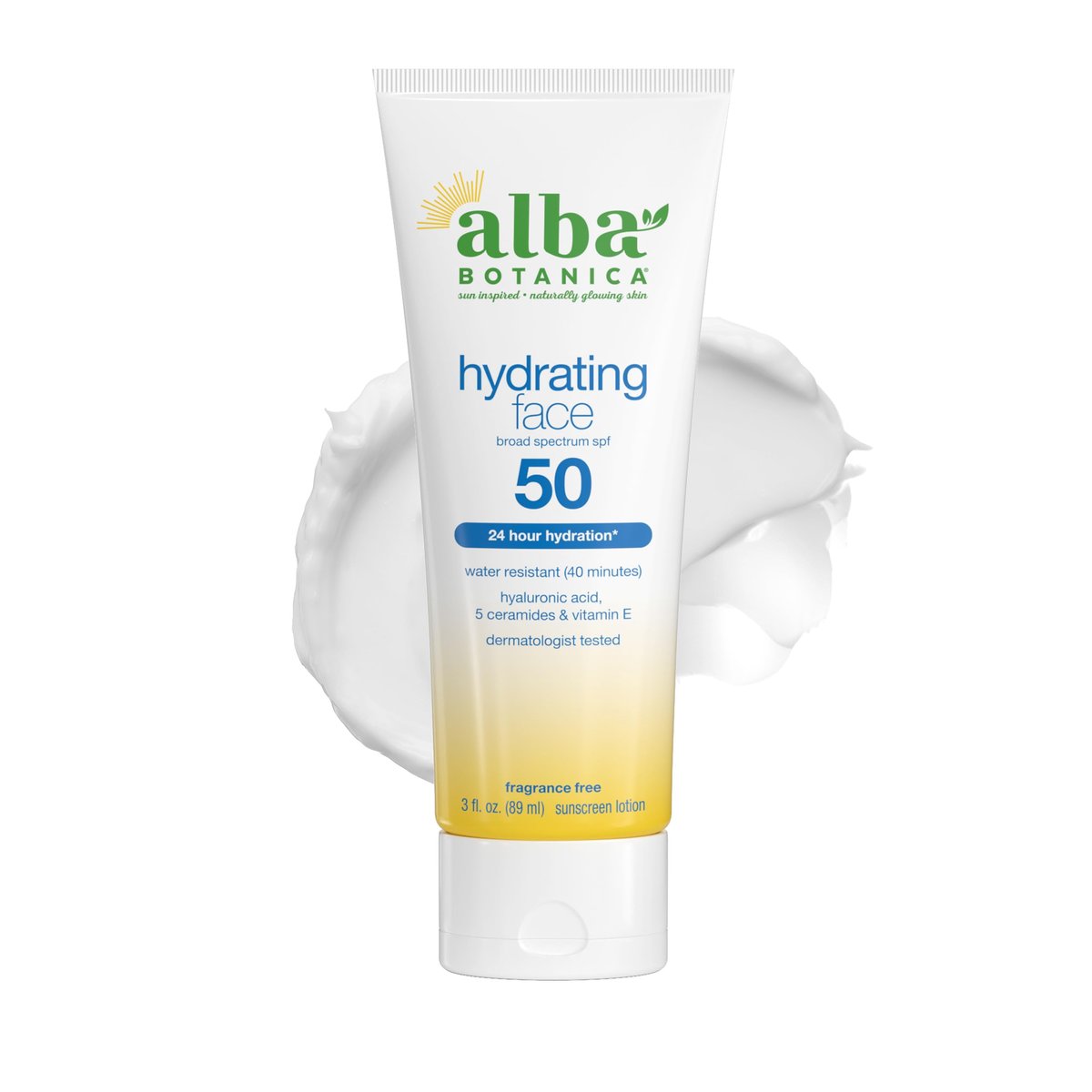 Alba Botanica Feuchtigkeitsspendendes Gesichts-Sonnenschutzmittel LSF 50, Breitspektrum-Schutz, 24h Feuchtigkeit, Wasserbeständig (40 Minuten), Duftfrei, Oxybenzon-frei, 89 ml
