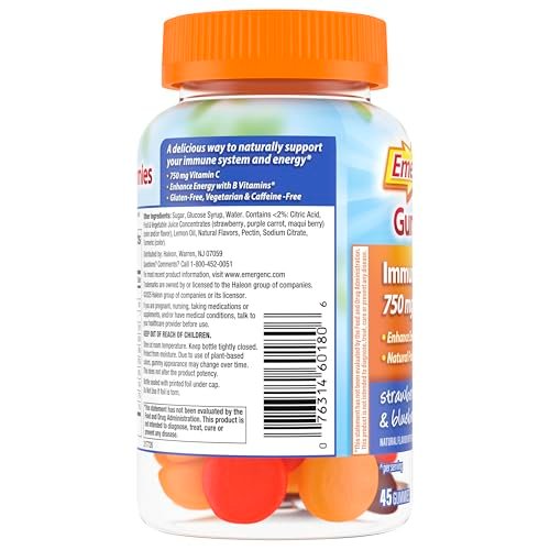 Emergen-C 750 mg Vitamin C Gummis für Erwachsene – Immununterstützung, glutenfrei, Erdbeer-, Zitronen- und Blaubeergeschmack, 45 Stück