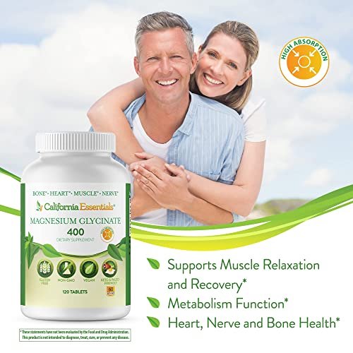 Magnesium Glycinat 400 – Chelatiert, Hoch Absorbierbares Magnesium – Vegan, Nicht-GVO, Glutenfrei, 120 Tabletten (60 Portionen, Portionsgröße 2 Tabletten à 200 mg)