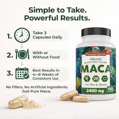 Bio Maca Kapseln für Frauen & Männer 2400 mg pro Portion - 150 Kapseln Schwarze, Rote, Gelbe Maca - Gelatinisierte Macawurzel, Nicht-GVO, Vegan von Peruvian Naturals