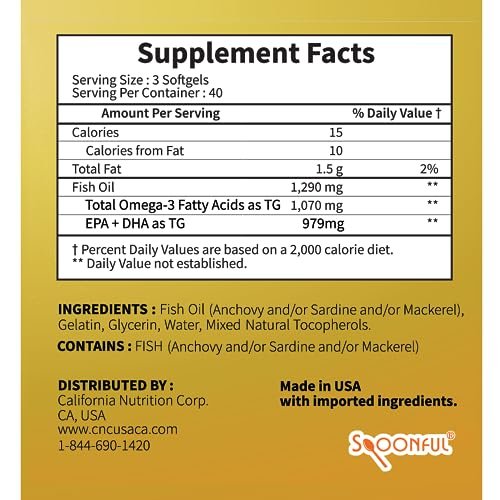 Spoonful Mini Omega 3 Fischöl, iFOS zertifiziert, 1290 mg pro Portion, 120 kleine Softgel-Kapseln, leicht zu schlucken, hergestellt in USA