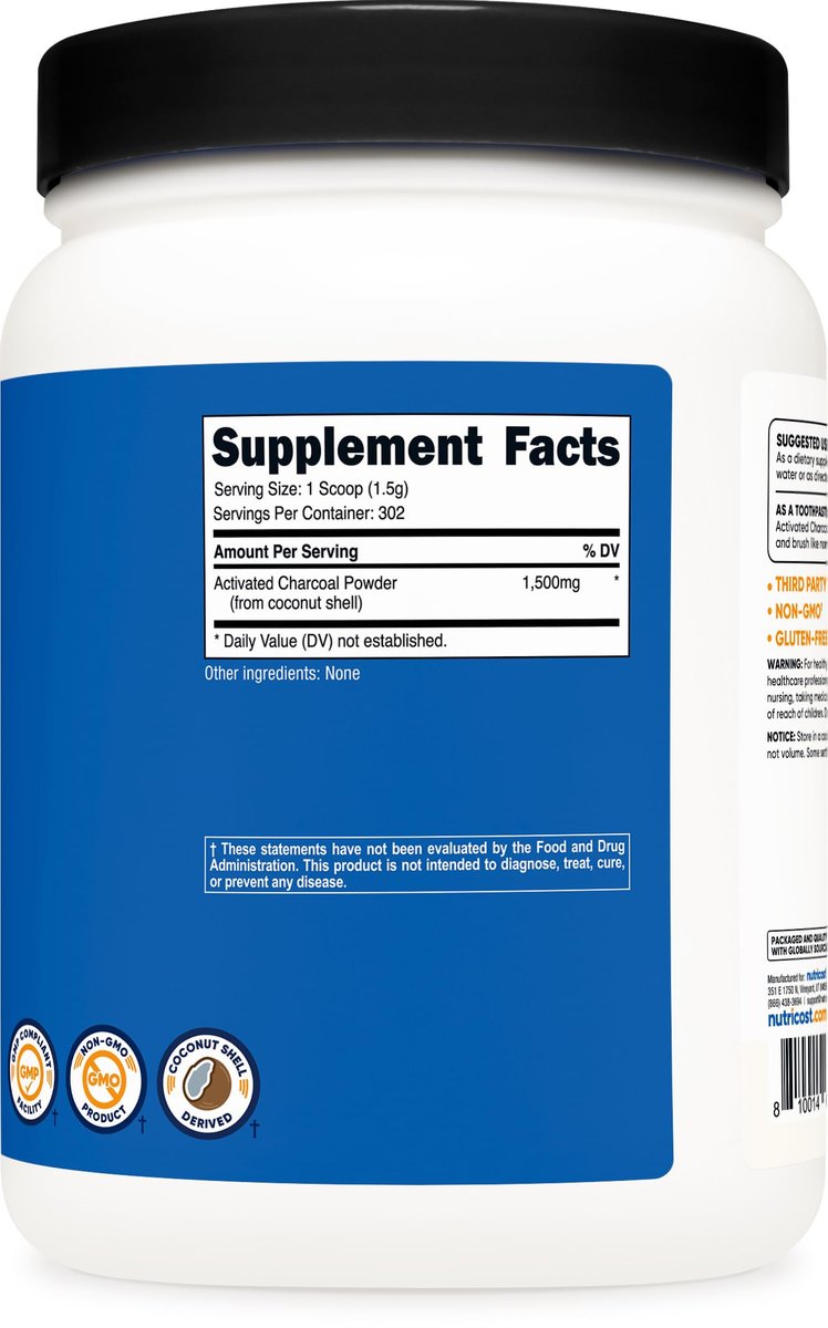 Nutricost Aktivkohlepulver 1lb – Lebensmittelqualität, für Zahnpasta, Gesichtsmasken, Geruchskontrolle, vegetarisch, glutenfrei, nicht genetisch verändert