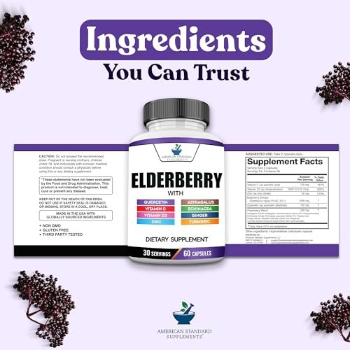 American Standard Supplements Holunderbeere-Extrakt mit Quercetin, Vitamin C, D3, Ingwer, Zink, Kurkuma, Astragalus und Echinacea – 60 Kapseln, 30 Portionen