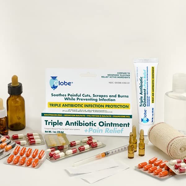 Globe (4er Pack) Triple Antibiotikum + Schmerzlindernde Salbe 1oz, Erste-Hilfe-Antibiotikum, Lindert Schmerzen, Schnitte, Verbrennungen und Schürfwunden, 24-Stunden-Infektionsschutz