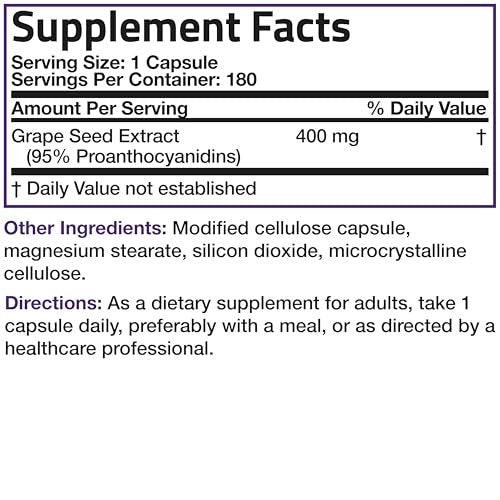 Bronson Traubenkernextrakt 400 mg - Antioxidantien & Immununterstützung - Standardisierter Extrakt mit 95 % Proanthocyanidinen - Nicht-GVO, 180 vegane Kapseln