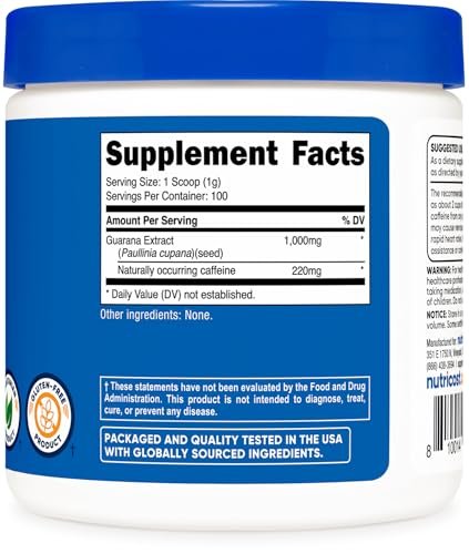 Nutricost Guarana Extrakt Pulver – 100 g pro Flasche – Natürlicher brasilianischer Koffein-Energizer