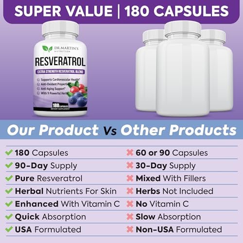 Extra Starkes Resveratrol 1568 mg – 180 Kapseln – 3 Monate Vorrat | Antioxidans Nahrungsergänzungsmittel | Natürliche Trans-Resveratrol-Pillen | Für Anti-Aging, Herzgesundheit, Immunsystem & Gehirnfunktion