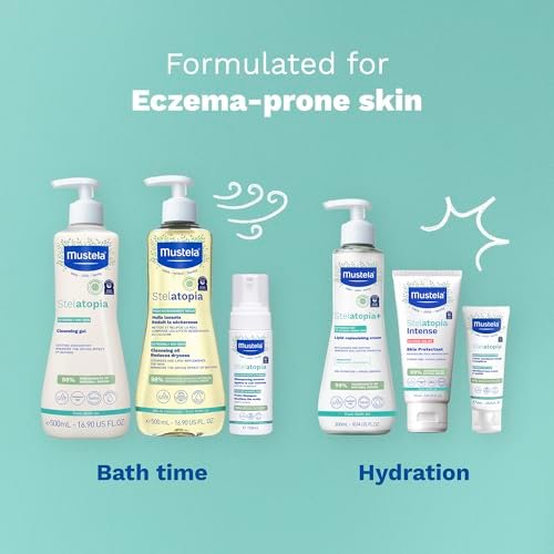 Mustela Stelatopia Reinigungsgel für zu Ekzemen neigende Haut - Baby Gesichts- & Körperwaschgel mit natürlichem Avocado- & Sonnenblumenöl - Duftfrei & Tränenfrei - 200 ml