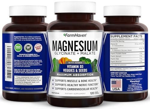 FarmHaven Magnesium Komplex – Magnesiumglycinat & Malat mit Vitamin D3, 100% cheliert für maximale Aufnahme, vegetarisch – für Knochengesundheit, Nerven, Muskeln, 120 Kapseln, 60 Tage