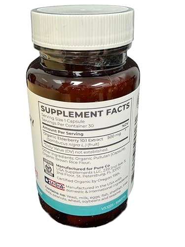 PURE CO Bio Holunder 10:1 Extrakt 500mg pro Kapsel - Veganes Schwarzer Holunder Supplement für Immununterstützung, Allergie- und Nebenhöhlenlinderung - Sambucus Nigra - 30 Kapseln
