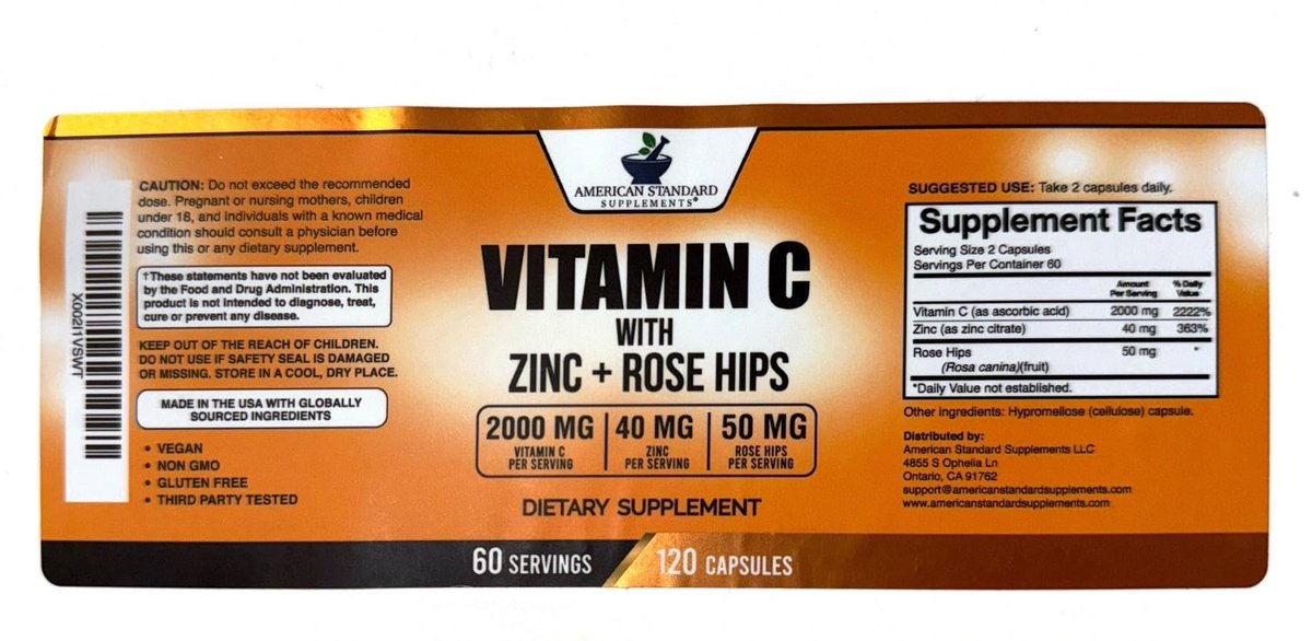 American Standard Supplements Vitamin C 2000 mg, Zink 40 mg und Hagebutte 50 mg pro Portion – Vegan, Glutenfrei, Nicht-GVO (120 Kapseln)