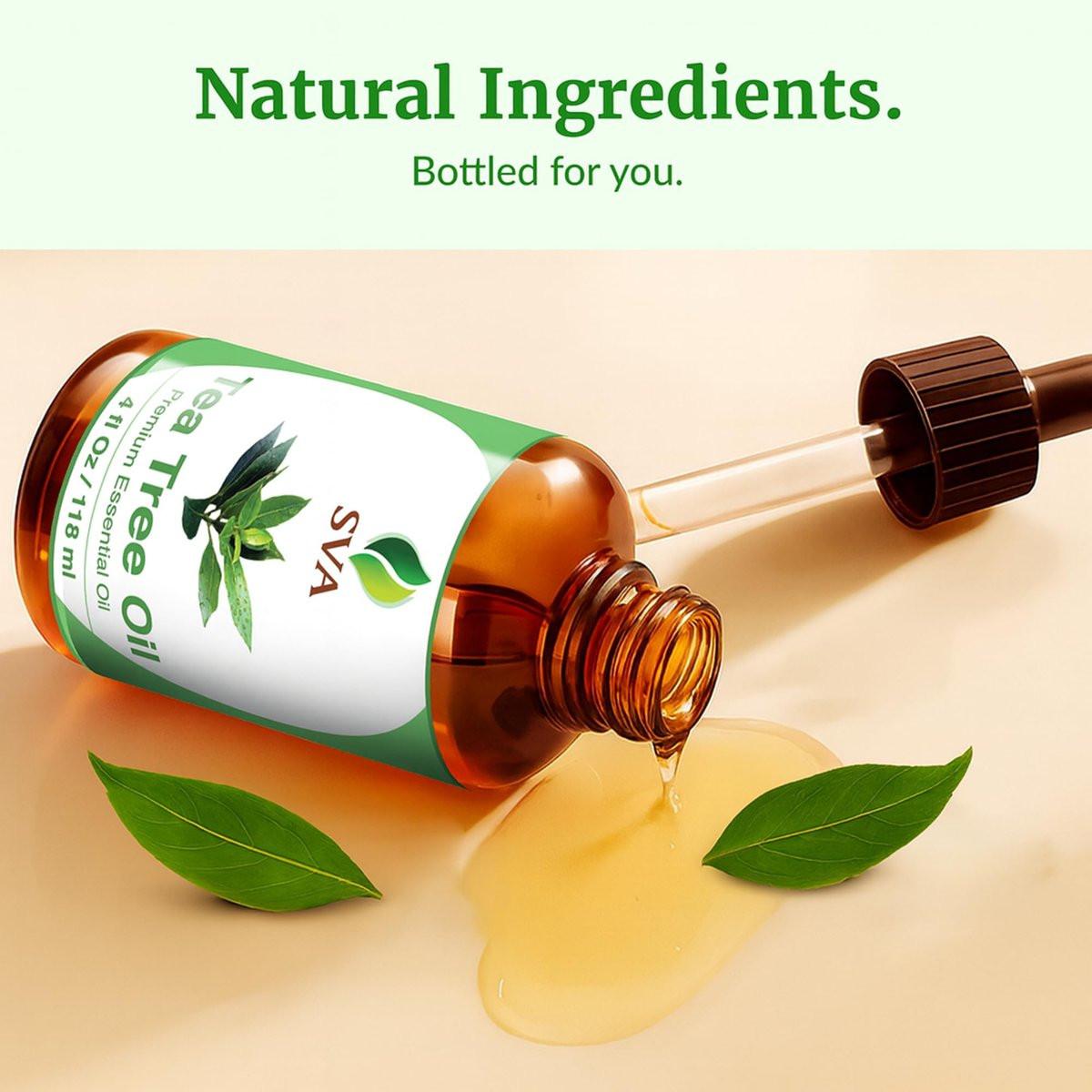 SVA Tea Tree Öl – 118 ml – 100% natürliches Teebaumöl – für Diffuser, Haarpflege, Gesicht, Hautpflege, Aromatherapie, Kopfhaut- und Körpermassage, Seifen- und Kerzenherstellung – mit Pipette