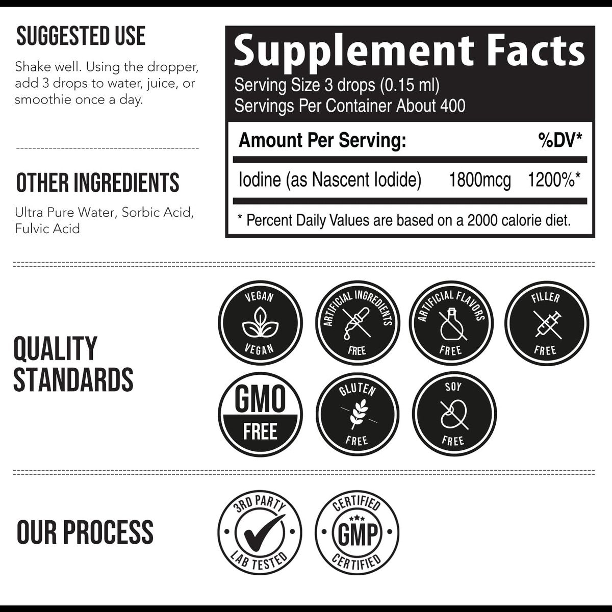 Nascent Iod Supplement 400 Portionen, Glasflasche, Vegan, 1800 mcg - 600 mcg pro Tropfen, Rein & Farblos, Unterstützt Schilddrüsenfunktion, Energie, Immunsystem & Stoffwechsel (60 ml)