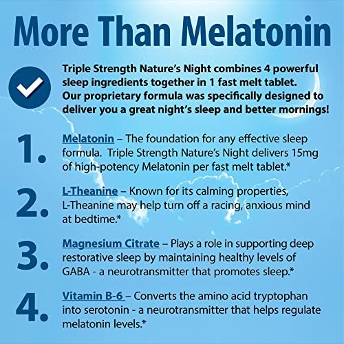 Nature's Night Triple Strength Melatonin 15 mg mit unterstützender Mischung – 90 Tabletten, natürlicher Orangen-Geschmack, zuckerfrei, vegan, nicht-GVO, drogenfrei