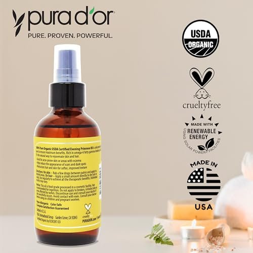 PURA D'OR Bio Nachtkerzenöl (120 ml) – 100% reines, kaltgepresstes Trägeröl mit essentiellen Fettsäuren & Antioxidantien – Feuchtigkeitsspendend, regenerierend, pflegend – für Haut, Haare & Gesicht