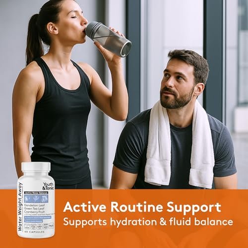 Youth & Tonic Wasserpillen gegen Wassereinlagerungen – Natürliches Diuretikum für Entblähung & Flüssigkeitsbalance, Unterstützung bei geschwollenen Beinen & Füßen mit Kalium & Vitamin B6 – 60 Kapseln