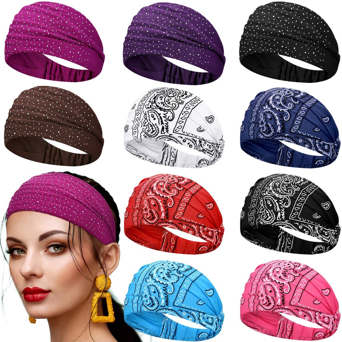 WILLBOND 10-teiliges breites Bandana-Stirnband für Damen – rutschfest, Paisley-Kristall-Haarband, elastischer Boho-Bling-Rhinestone-Kopfwickel, dehnbarer Turban, Haaraccessoire für Sport, Yoga, Fitnessstudio, Workout