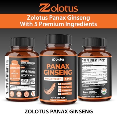 Zolotus Korean Red Panax Ginseng + Ginkgo Biloba, Ashwagandha, Rote Bete, Grüner Tee – 120 Kapseln für 2 Monate