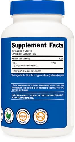 Nutricost DHEA 25 mg, 240 Kapseln – Glutenfrei, Sojafrei, Non-GMO, Nahrungsergänzungsmittel