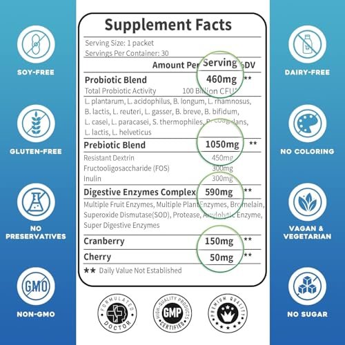 Probiotika für Frauen & Männer - 100 Milliarden plus Verdauungsenzyme & Präbiotika, höchste Potenz 3-in-1 Komplett-Probiotika für Verdauungsgesundheit, Immununterstützung