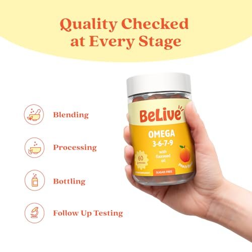 BeLive Bio Omega 3 Gummis – 60 Stück | Vegane Omega 3, 6, 7 & 9 aus Leinöl & Sanddornfruchtöl für Kinder & Erwachsene, Ganzkörper-, Gehirn- & Augenunterstützung, Zuckerfrei – Pfirsichgeschmack