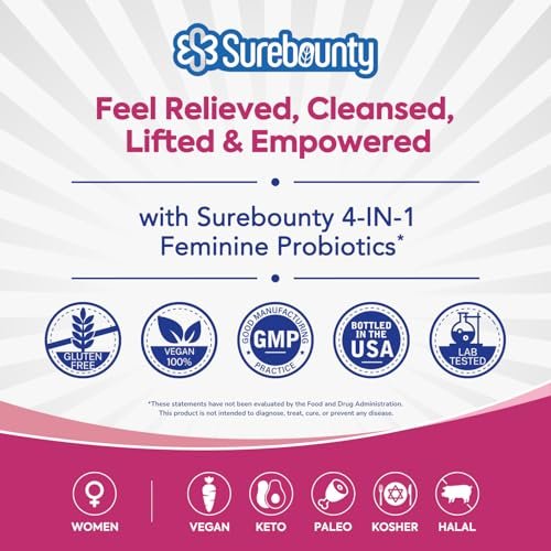 Surebounty Probiotika für Frauen, 120 Milliarden KBE, 34 Stämme, Präbiotika, Verdauungsenzyme, Cranberry, 4-in-1 Weibliches Probiotikum, Verdauungs-, Vaginal-, Immununterstützung, 30 Kapseln