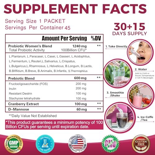 ZEBORA Probiotika für Frauen – 100 Milliarden KBE mit Präbiotika, D-Mannose & Cranberry für Verdauungs-, Immun- und weibliche UT-Gesundheit, Ultimative probiotische Frauenpflege, Soja- & Glutenfrei, 45 Portionsbeutel