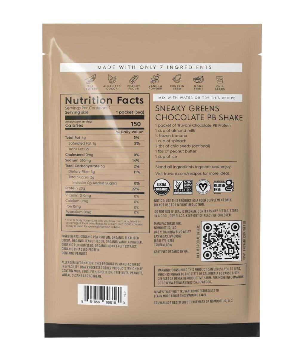 Truvani Veganes Erbsenproteinpulver | Schokolade Erdnussbutter | 20g Bio Pflanzliches Protein | 1 Portion | Keto | Gluten- & Laktosefrei | Low Carb | Ohne Zuckerzusatz