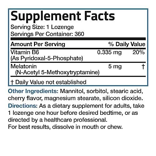 Bronson Melatonin 5mg Schnellschmelzende Kirschgeschmack-Tabletten mit Vitamin B6 - Nachtzeit-Schlafhilfe - Fördert Entspannung, 360 vegetarische Kautabletten