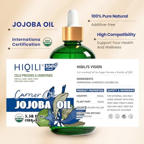 HIQILI 100 ml Jojobaöl Bio für Haarwachstum, 100 % rein kaltgepresst unraffiniert, inklusive Rollerflasche zur Massage - 3,38 Fl. Oz.