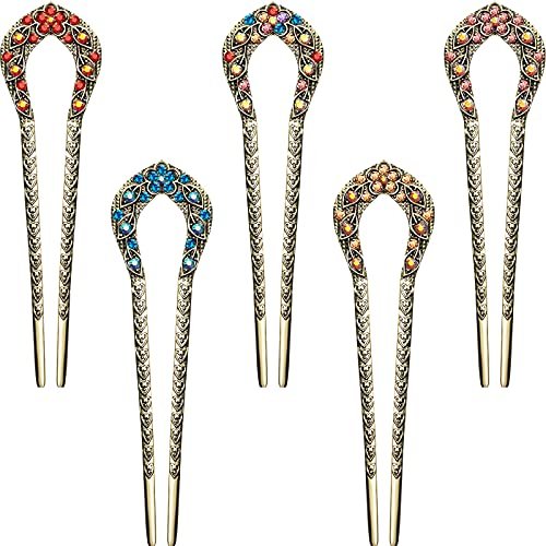Waydress 5-teilige Vintage Haarnadeln Französische Haarnadeln für Dutt Metall Chignon Haarnadeln Chopsticks Kristall Strass Doppelzinkige Haarnadel U-förmige Dutt Accessoires für Frauen (Elegantes Muster)