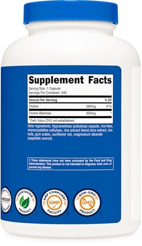 Nutricost Cholinbitartrat 650mg, 240 vegane Kapseln – Non-GMO, vegetarisch, glutenfrei